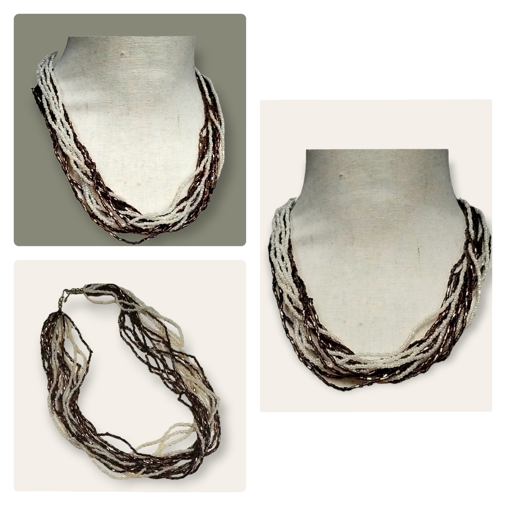 Vintage 1970s Seed Bead Multi Strand Earth Tone Necklace